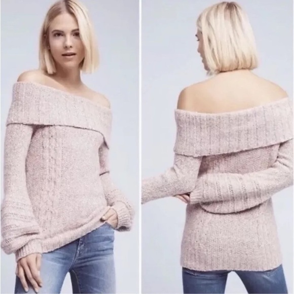 Anthro Sleeping On Snow Neves Mauve Off The Shoulder Chunky Knit Sweater Sz S - Picture 1 of 12